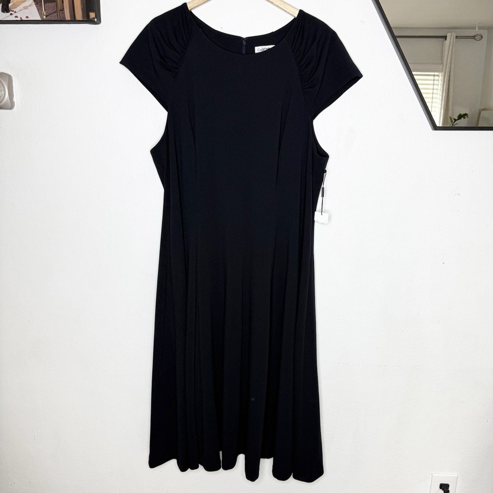 Calvin Klein Navy Blue Fit And‎ Flare Scuba Crepe Cap Sleeve Dress Womens 22W